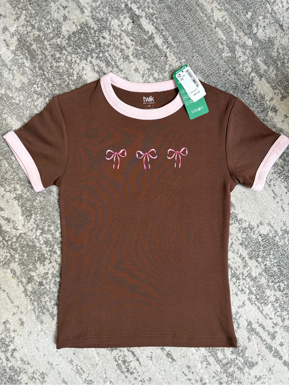 twik Brown Short-Sleeve Tee with Pink Ringer Trim and Bow Embroidery